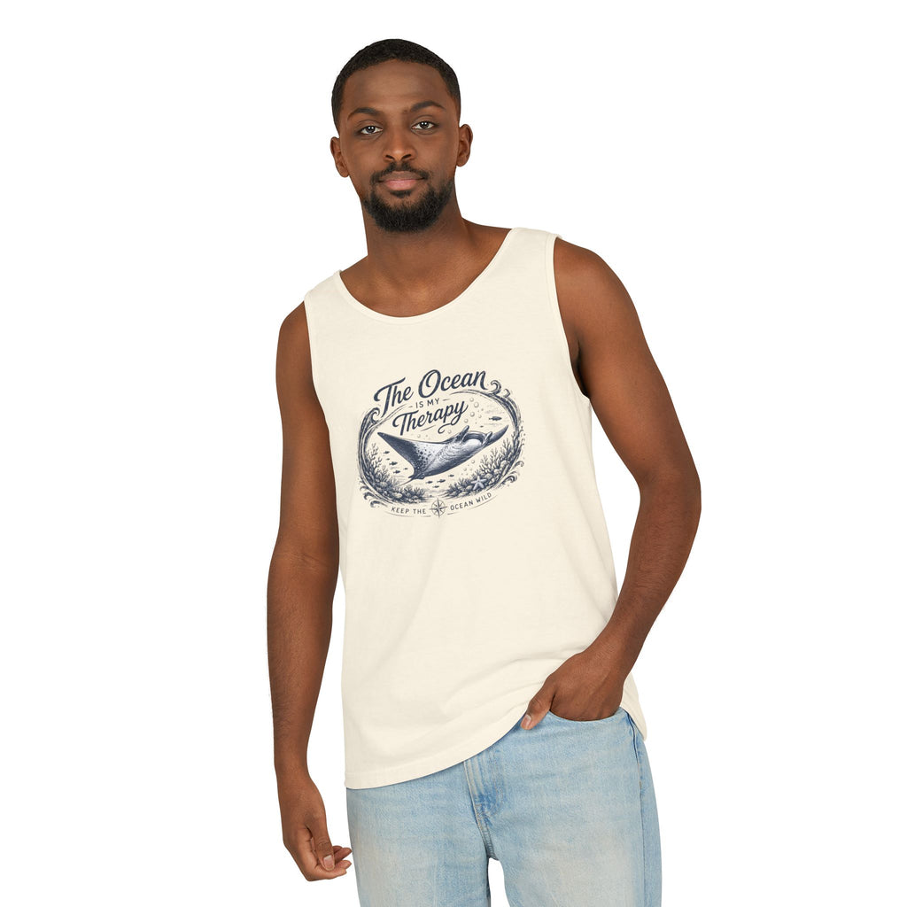 The Ocean Is My Therapy | Vintage Manta Ray Graphic Shirt | Keep the Ocean Wild - Unisex Garment-Dyed Tank Top