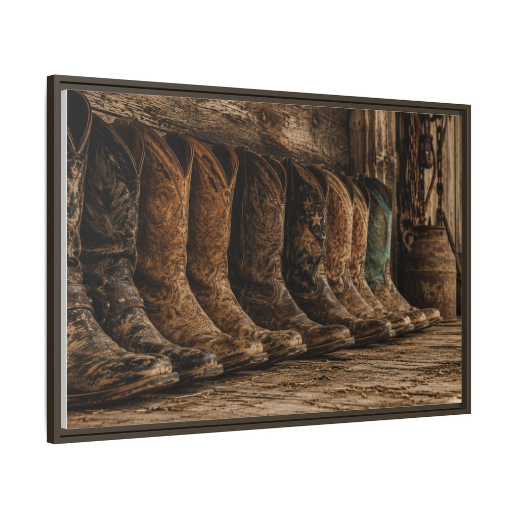 Legends in Leather - Framed Matte Canvas Print — Vintage Cowboy Boots Wall Art