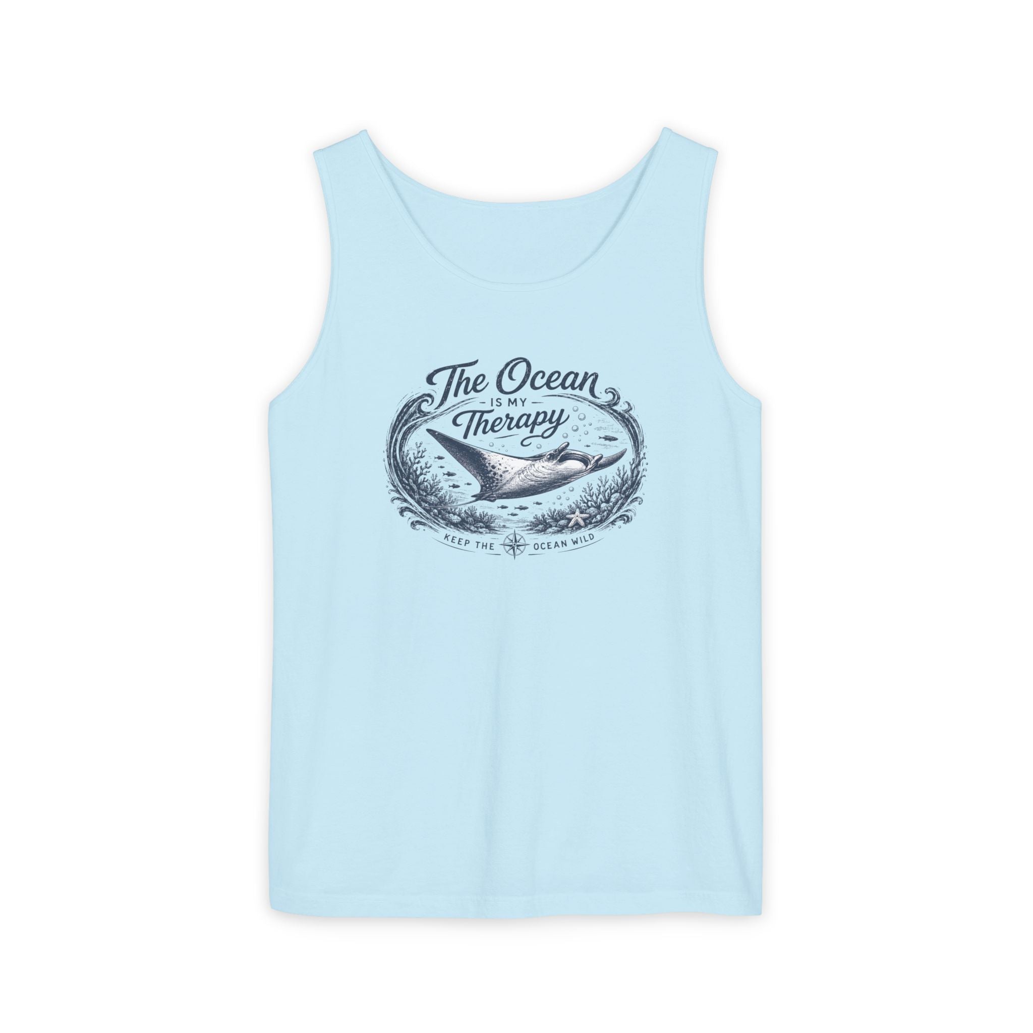 The Ocean Is My Therapy | Vintage Manta Ray Graphic Shirt | Keep the Ocean Wild - Unisex Garment-Dyed Tank Top
