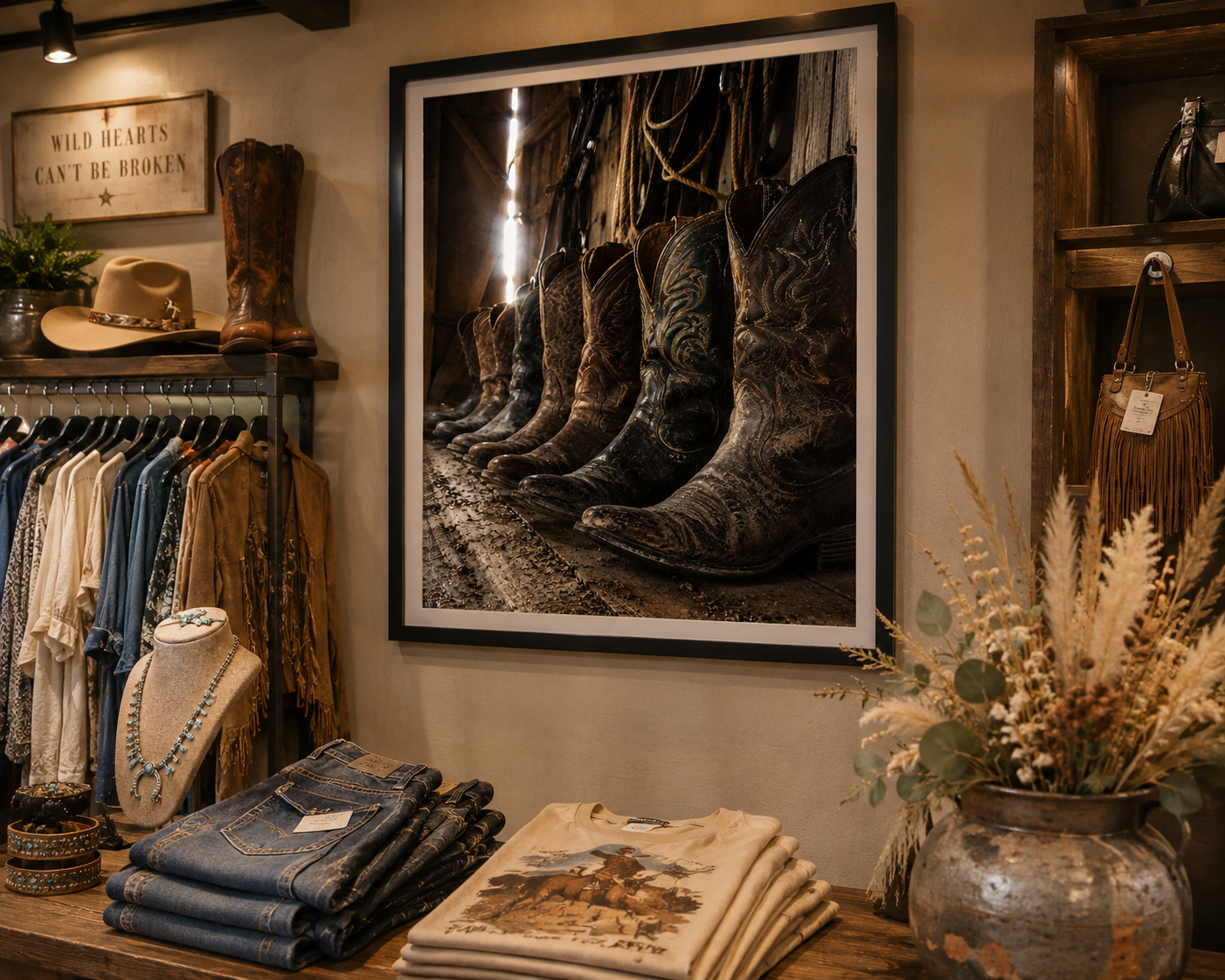Western Boutique setting - Weathered cowboy boots line the floor of an old barn, capturing the rugged beauty, heritage, and timeless spirit of Western ranch life.