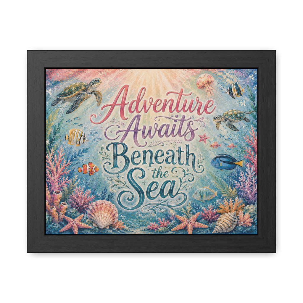 BLACK FRAME - Whimsical ocean typography artwork combines elegant lettering with playful underwater details. Sea turtles, tropical fish, coral gardens, shells, and gentle ocean light. 