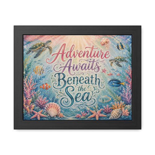 BLACK FRAME - Whimsical ocean typography artwork combines elegant lettering with playful underwater details. Sea turtles, tropical fish, coral gardens, shells, and gentle ocean light. 