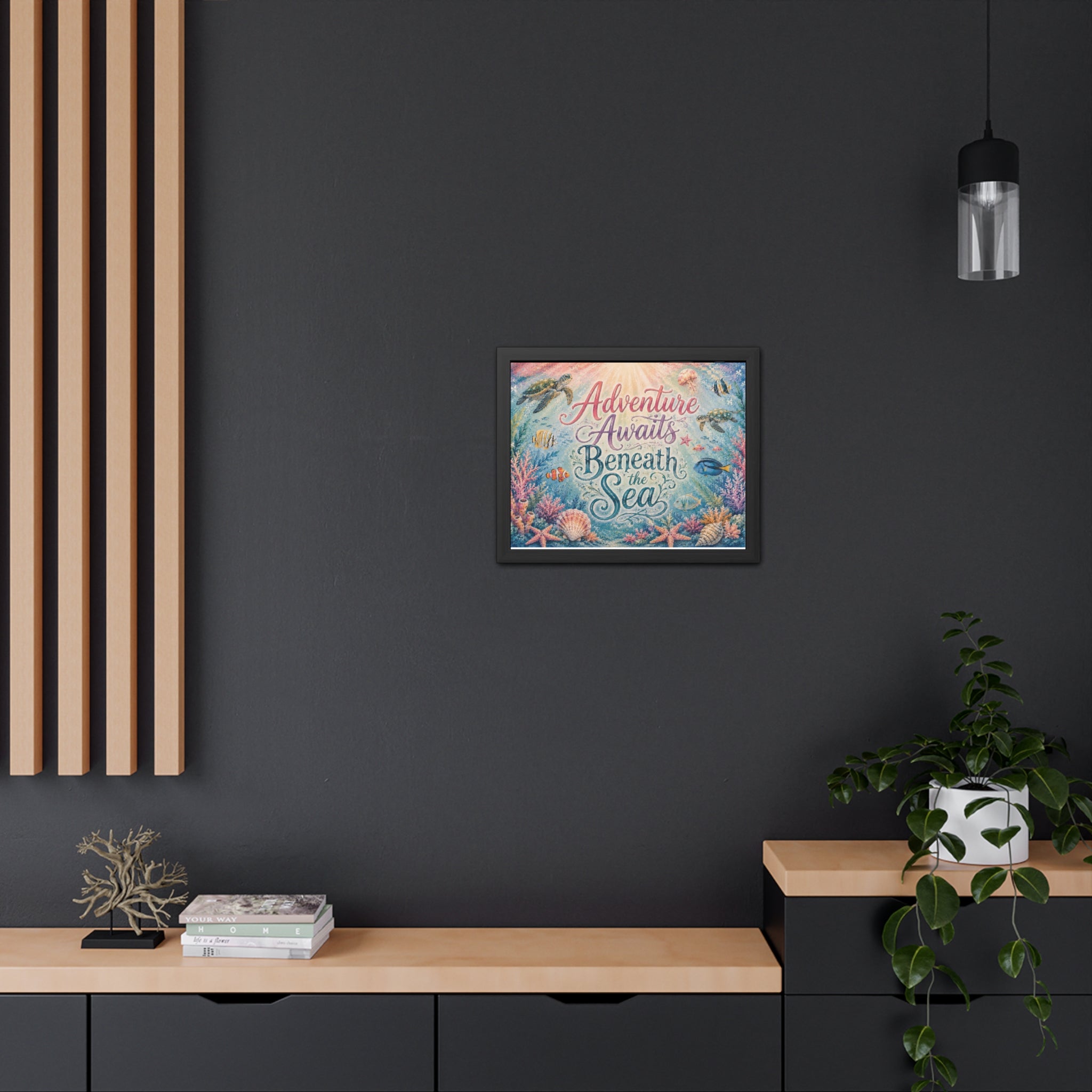 Whimsical ocean typography artwork combines elegant lettering with playful underwater details. Sea turtles, tropical fish, coral gardens, shells, and gentle ocean light. 