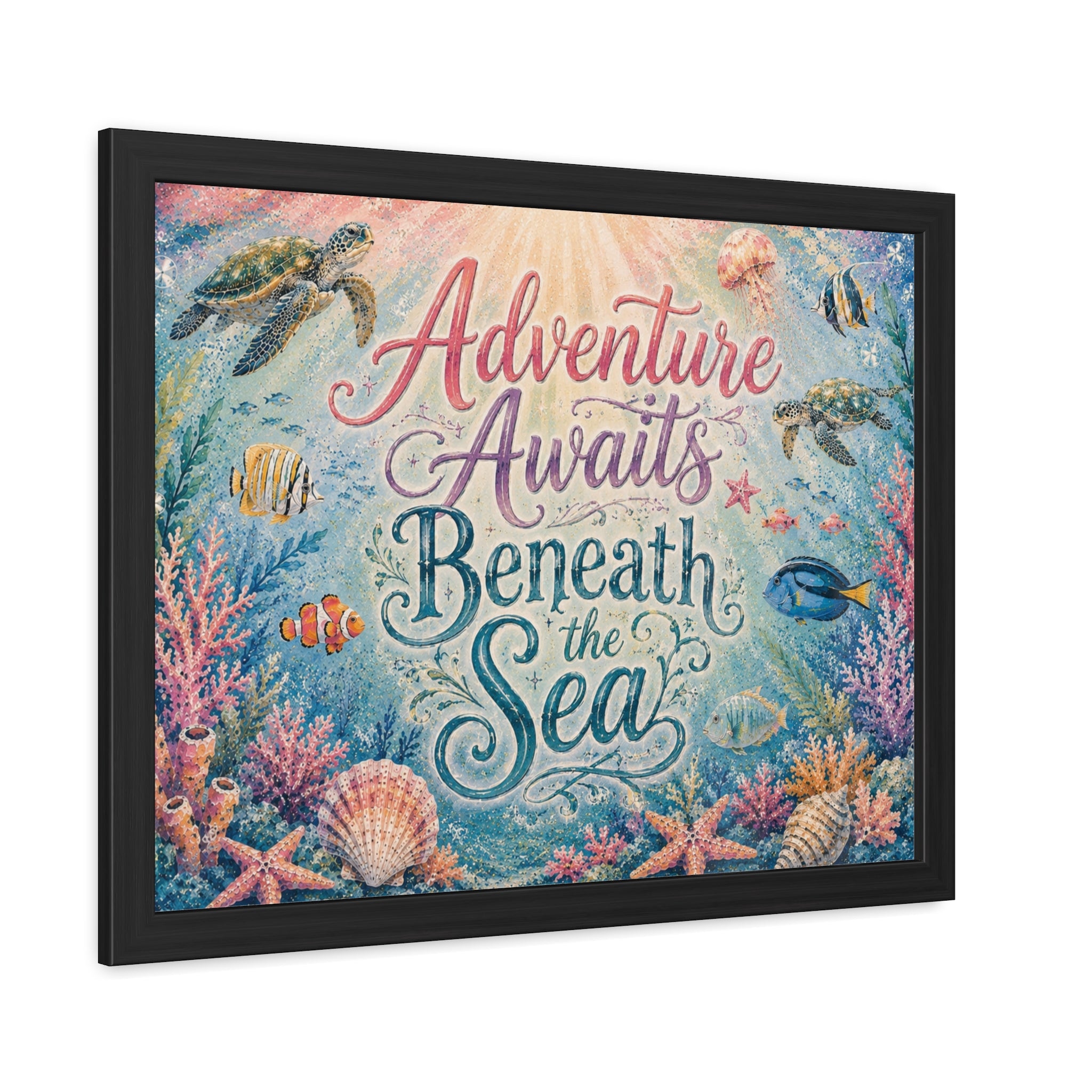 Whimsical ocean typography artwork combines elegant lettering with playful underwater details. Sea turtles, tropical fish, coral gardens, shells, and gentle ocean light. 