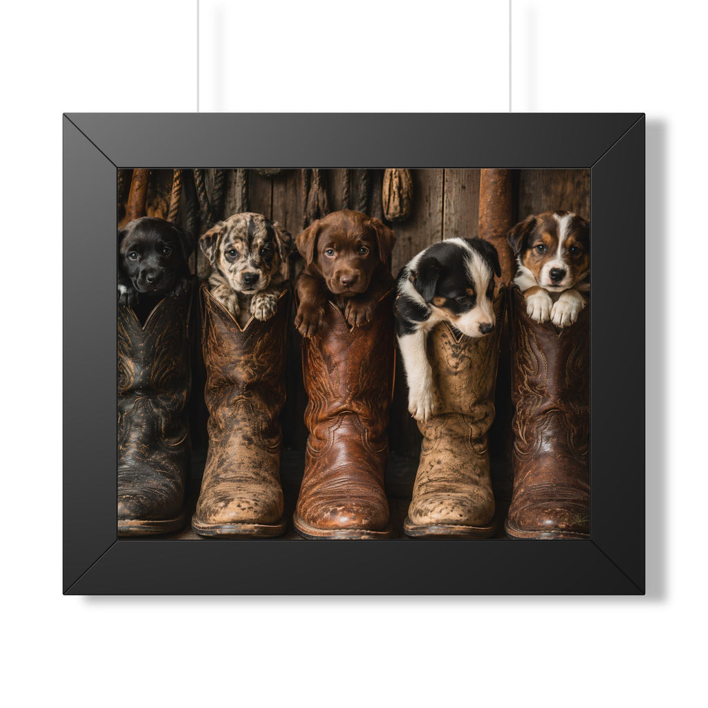 Black Frame Wall Portrait - Five adorable puppies nestled in weathered cowboy boots create a heartwarming scene filled with Western charm, playful personalities, and rustic country style.