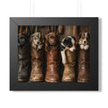 Black Frame Wall Portrait - Five adorable puppies nestled in weathered cowboy boots create a heartwarming scene filled with Western charm, playful personalities, and rustic country style.