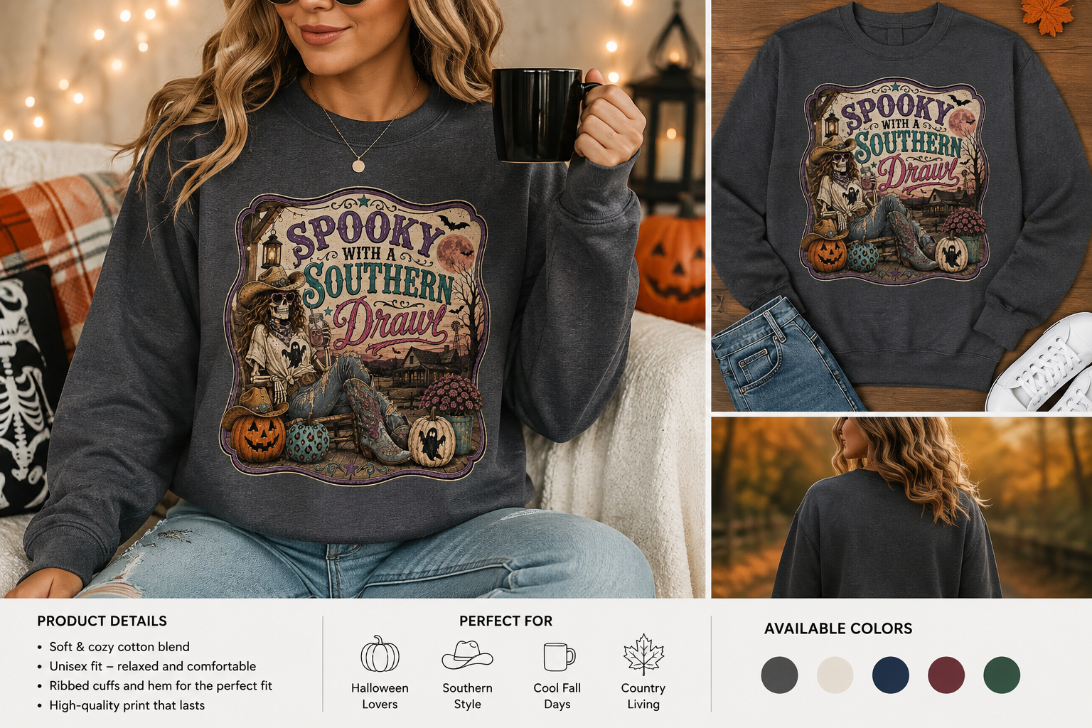 Spooky With a Southern Drawl – Western Halloween Design - Unisex Midweight Softstyle Fleece Crewneck Sweatshirt