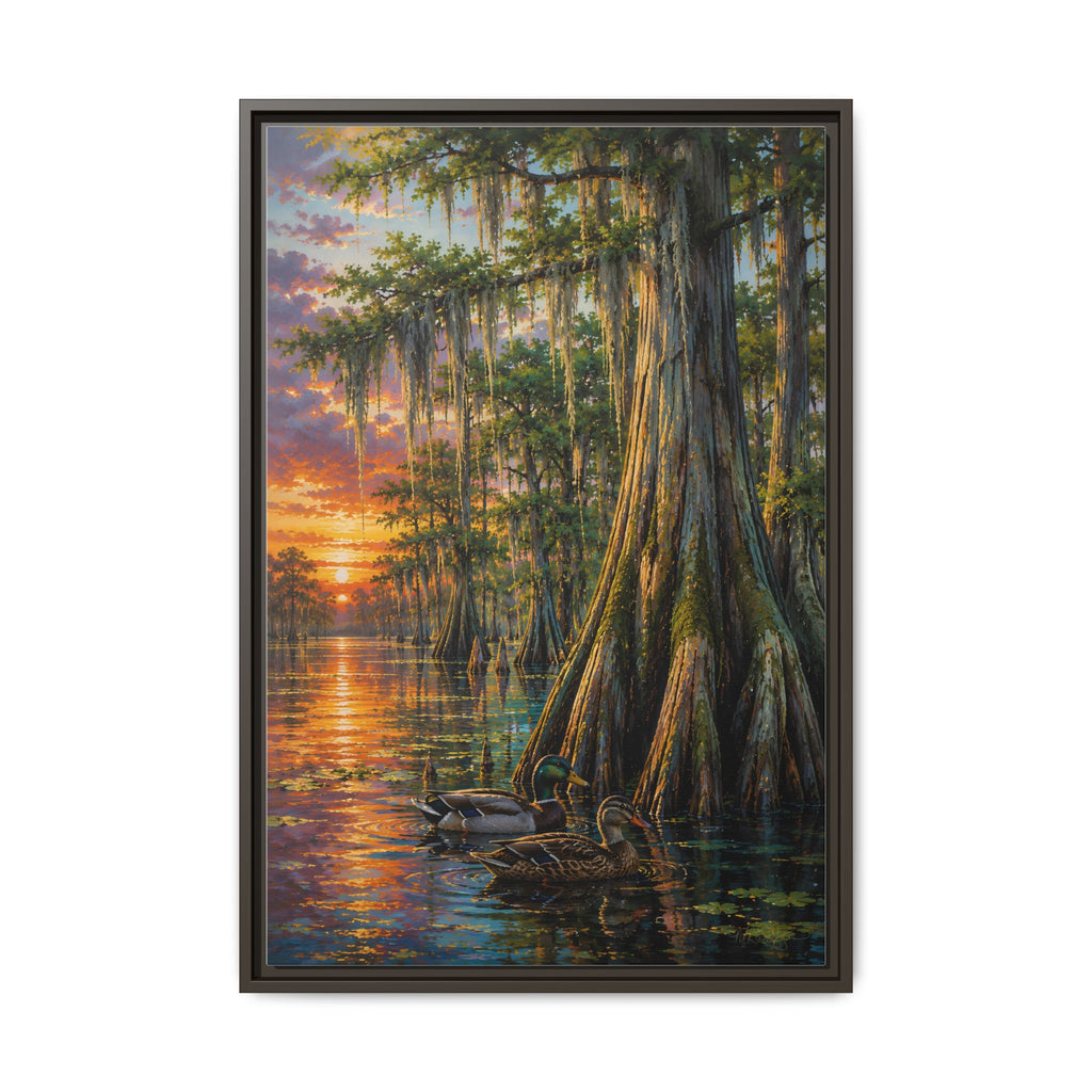 A serene Southern wetland painting featuring majestic cypress trees, glowing sunset reflections, and peaceful waters. Rich colors and timeless beauty make this signed artwork a stunning addition to traditional, coastal, farmhouse, and rustic interiors.