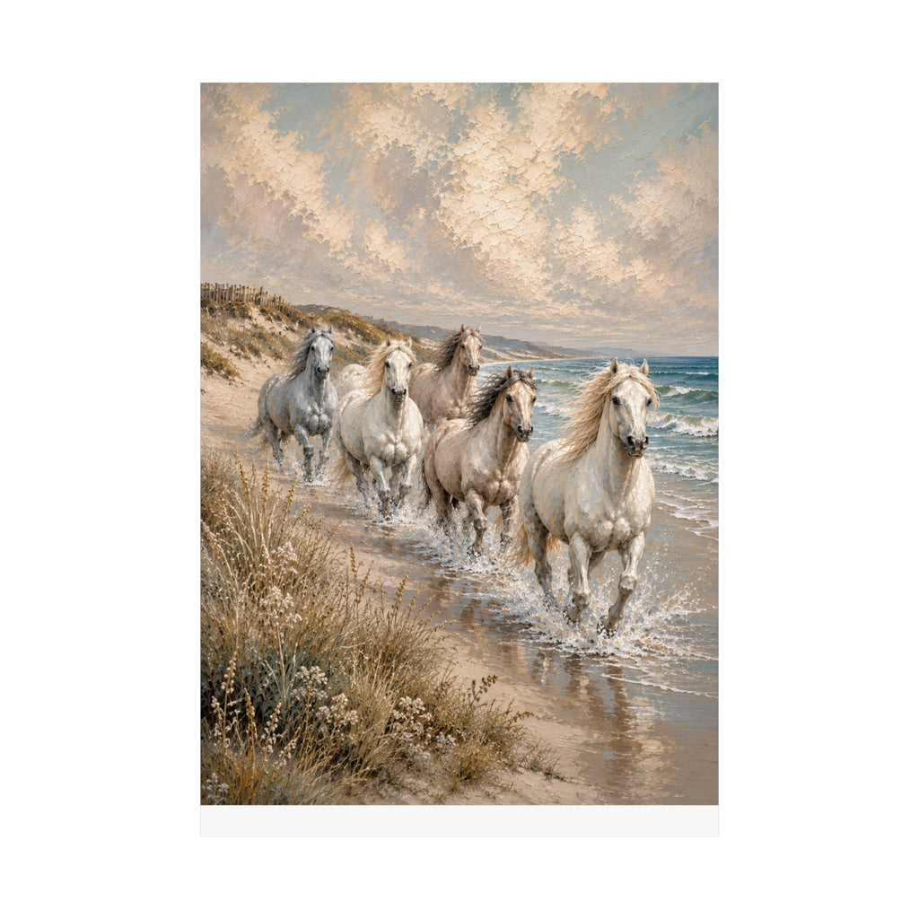 Run With The Tide -  Matte Poster — Horse Beach Wall Art (Cream Sand Blue)