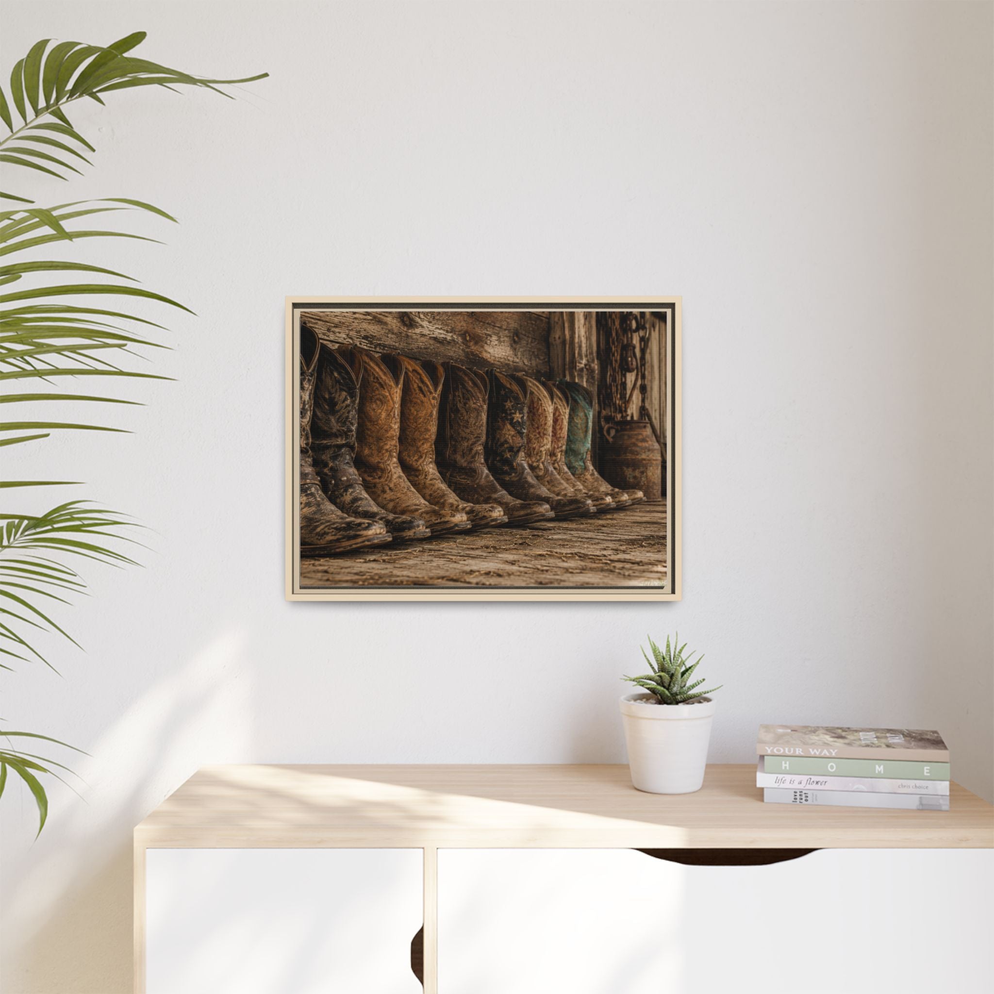 Legends in Leather - Framed Matte Canvas Print — Vintage Cowboy Boots Wall Art