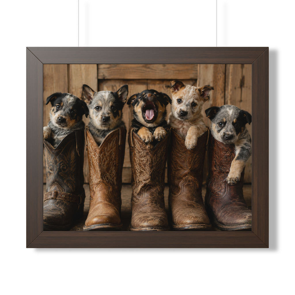Adorable puppies peeking from weathered cowboy boots create a heartwarming blend of Western charm, playful personalities, and rustic farmhouse style.
