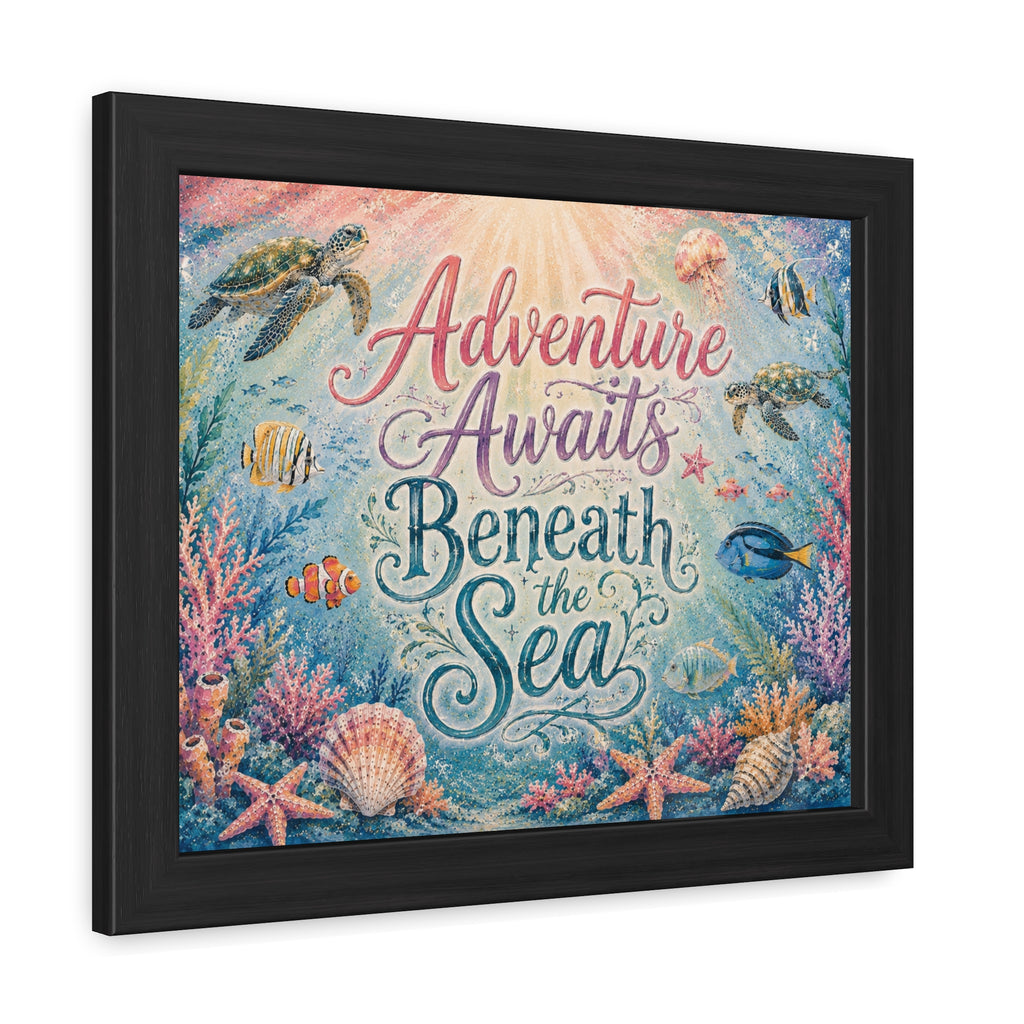 SIDE VIEW - Whimsical ocean typography artwork combines elegant lettering with playful underwater details. Sea turtles, tropical fish, coral gardens, shells, and gentle ocean light. 