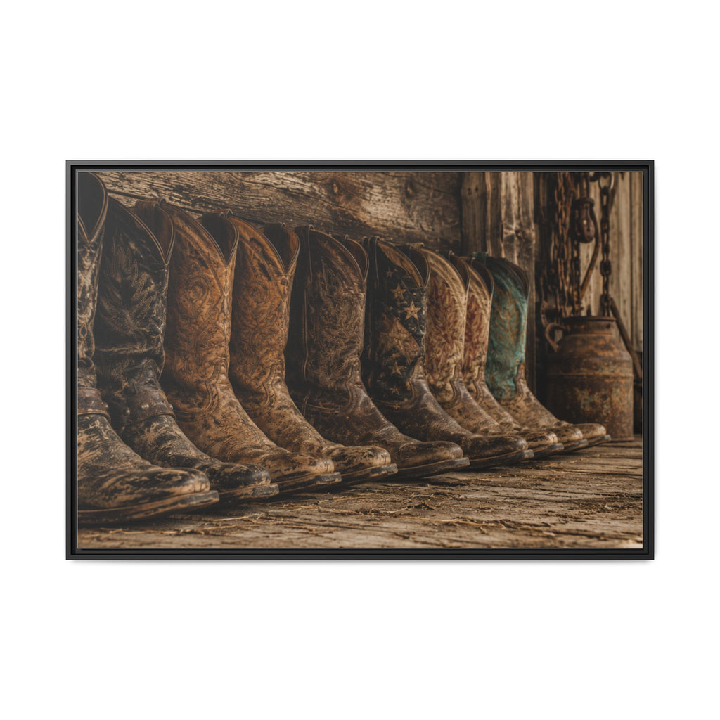 A collection of weathered cowboy boots lined against a rustic barn wall, celebrating the craftsmanship, heritage, and enduring spirit of the American West. - beautiful.