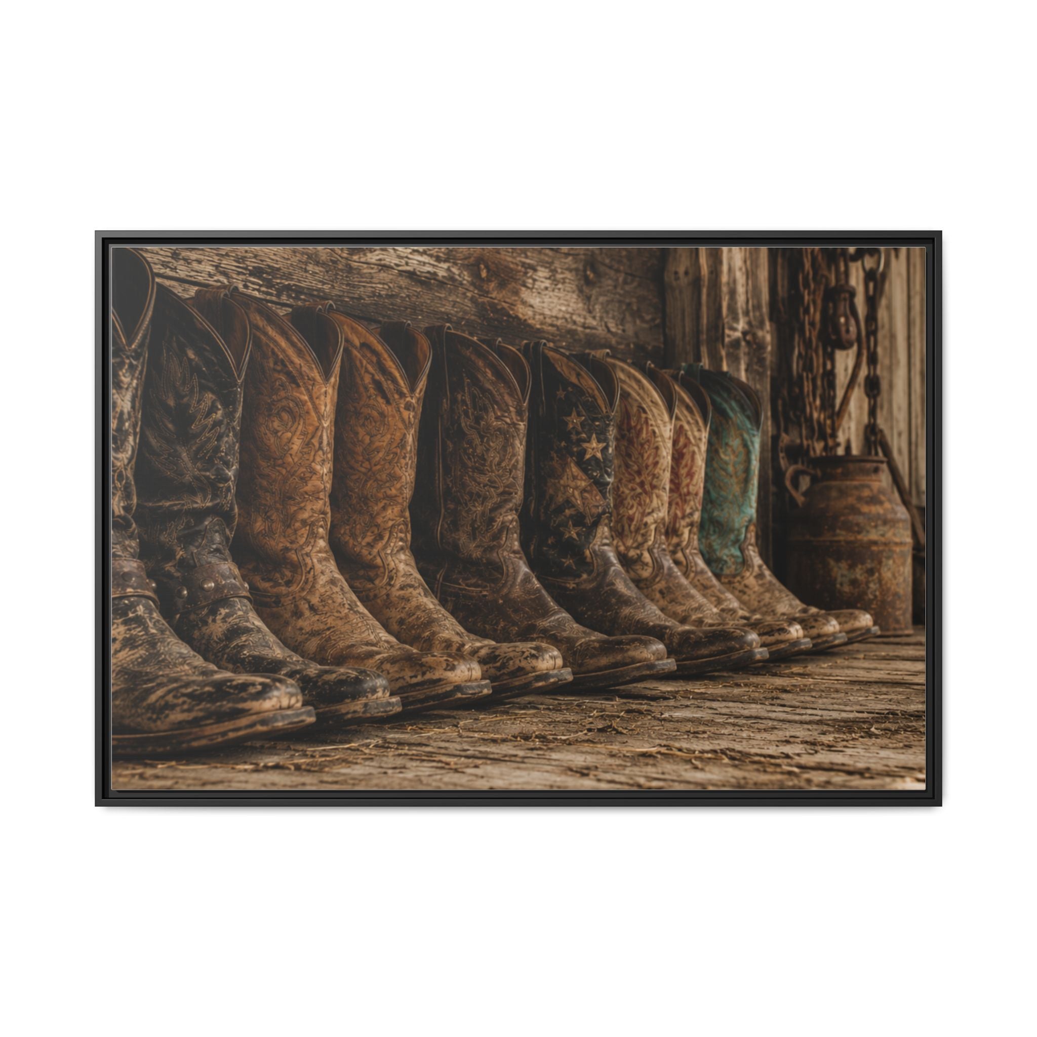 A collection of weathered cowboy boots lined against a rustic barn wall, celebrating the craftsmanship, heritage, and enduring spirit of the American West. - beautiful.