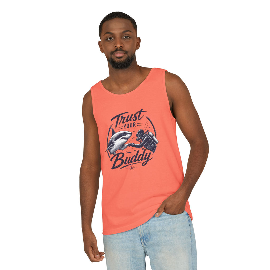 Trust Your Buddy | Vintage Scuba Diver Graphic Shirt | Keep the Ocean Wild -  Unisex Garment-Dyed Tank Top