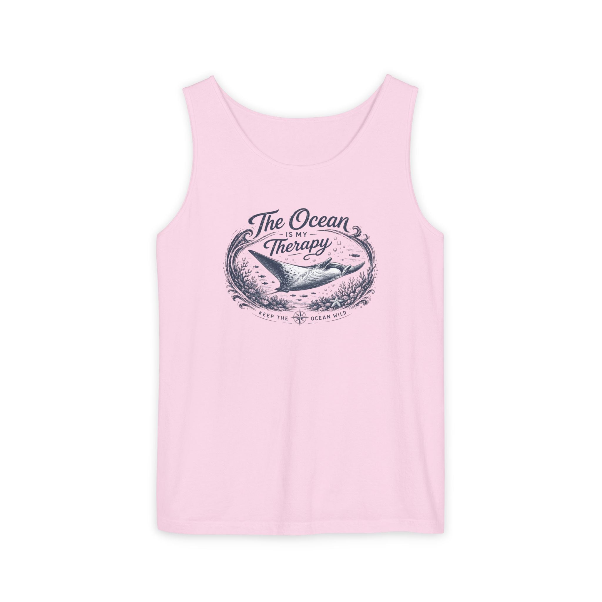 The Ocean Is My Therapy | Vintage Manta Ray Graphic Shirt | Keep the Ocean Wild - Unisex Garment-Dyed Tank Top
