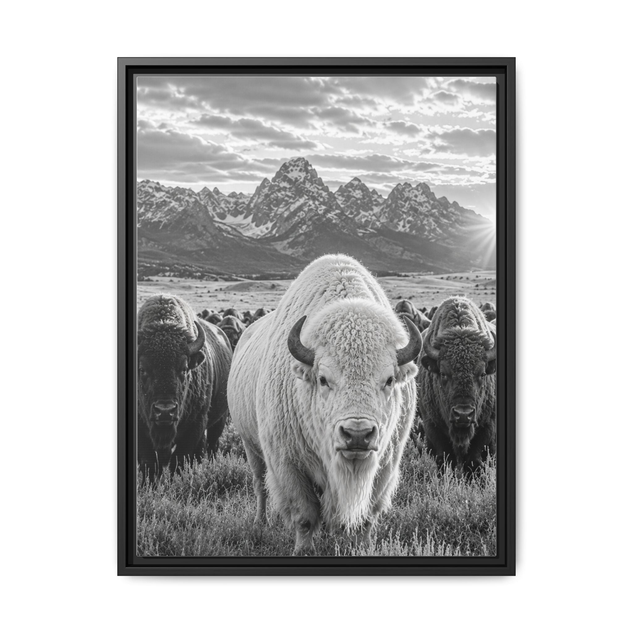 A striking black-and-white wildlife photograph featuring a rare white bison leading its herd beneath towering mountain peaks. Bold, timeless, and rich with western character, this fine art image celebrates the power and majesty of the American wilderness.