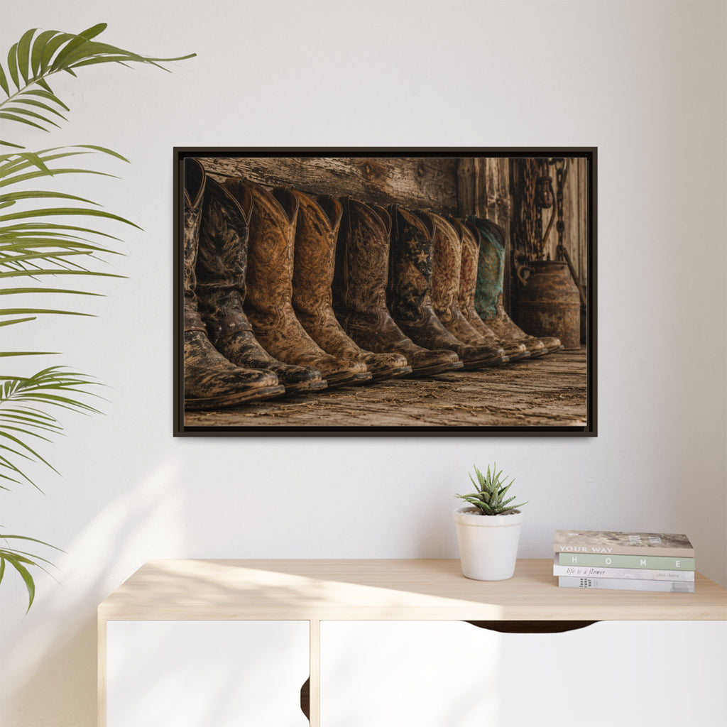 Legends in Leather - Framed Matte Canvas Print — Vintage Cowboy Boots Wall Art