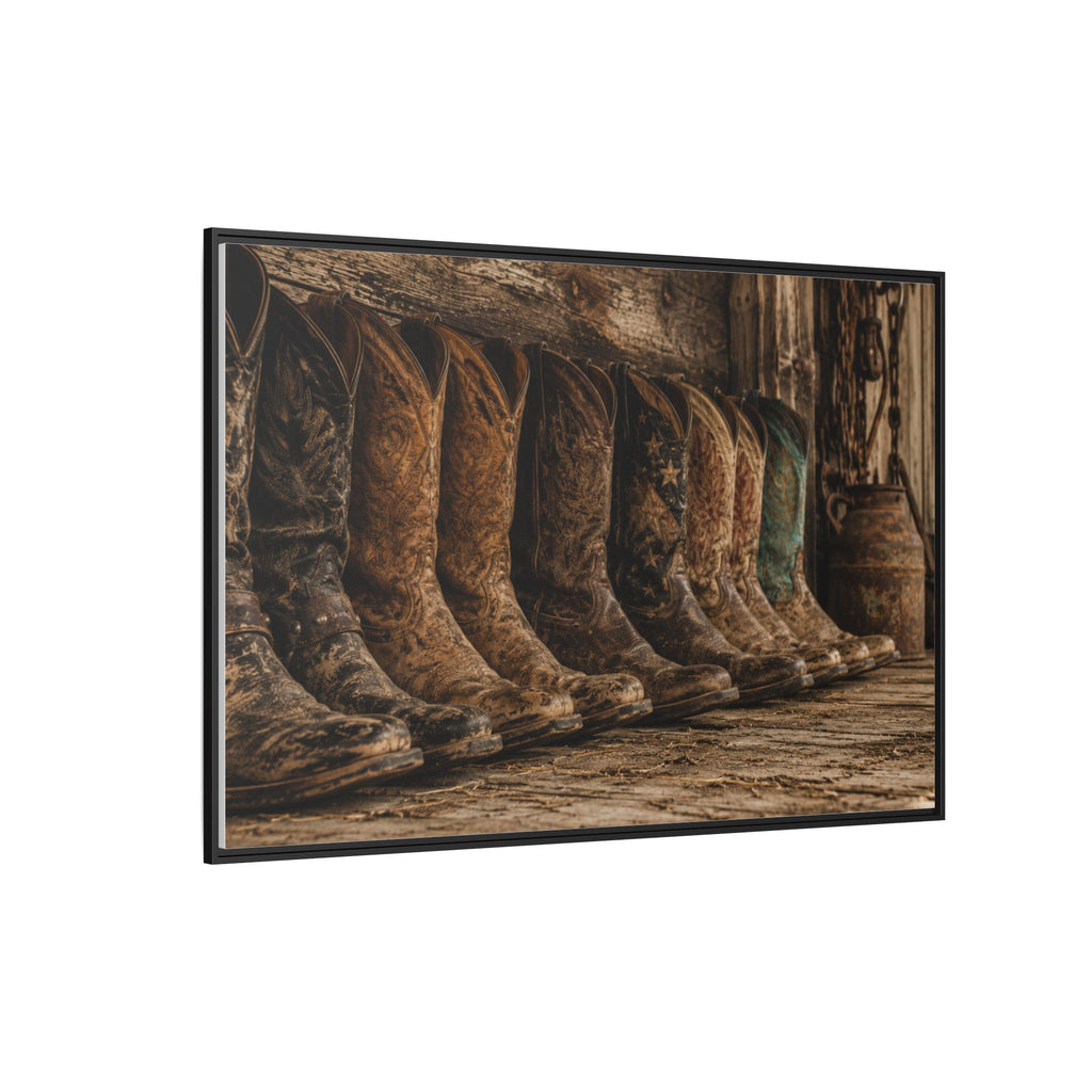 Legends in Leather - Framed Matte Canvas Print — Vintage Cowboy Boots Wall Art