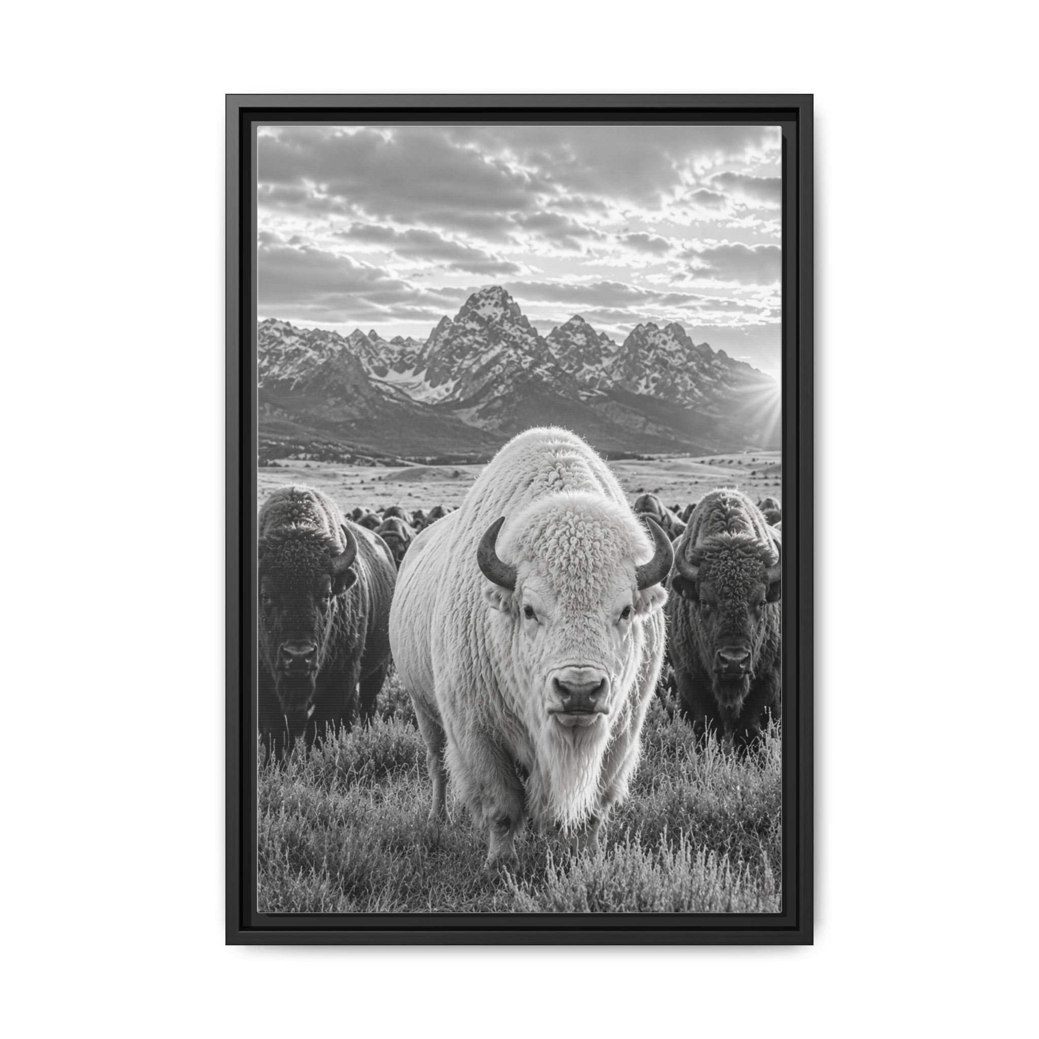 Living Room - A striking black-and-white wildlife photograph featuring a rare white bison leading its herd beneath towering mountain peaks. Bold, timeless, and rich with western character, this fine art image celebrates the power and majesty of the American wilderness.
