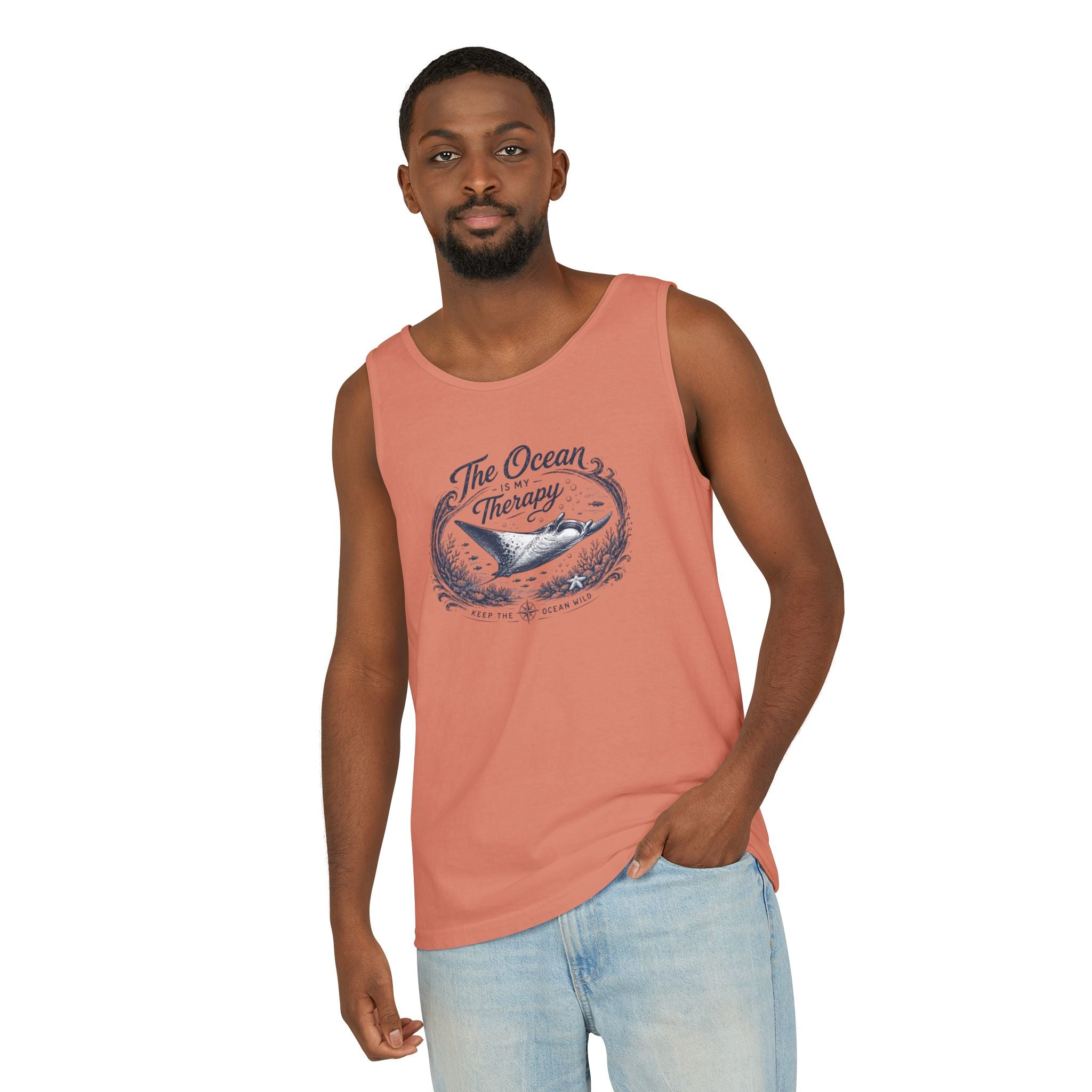 The Ocean Is My Therapy | Vintage Manta Ray Graphic Shirt | Keep the Ocean Wild - Unisex Garment-Dyed Tank Top