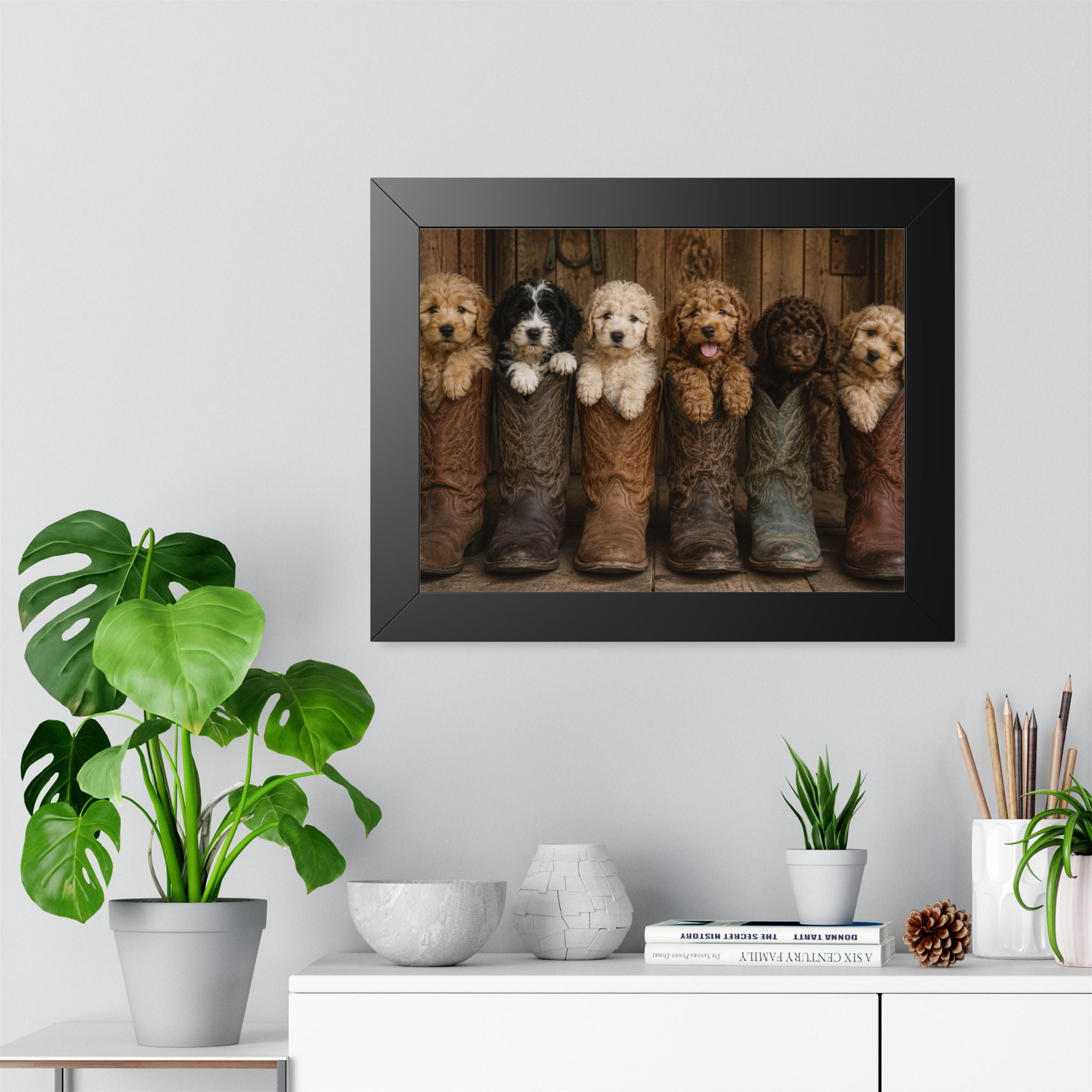 Office - Six adorable puppies nestled inside weathered cowboy boots create a heartwarming blend of Western charm, playful personalities, and rustic farmhouse style.