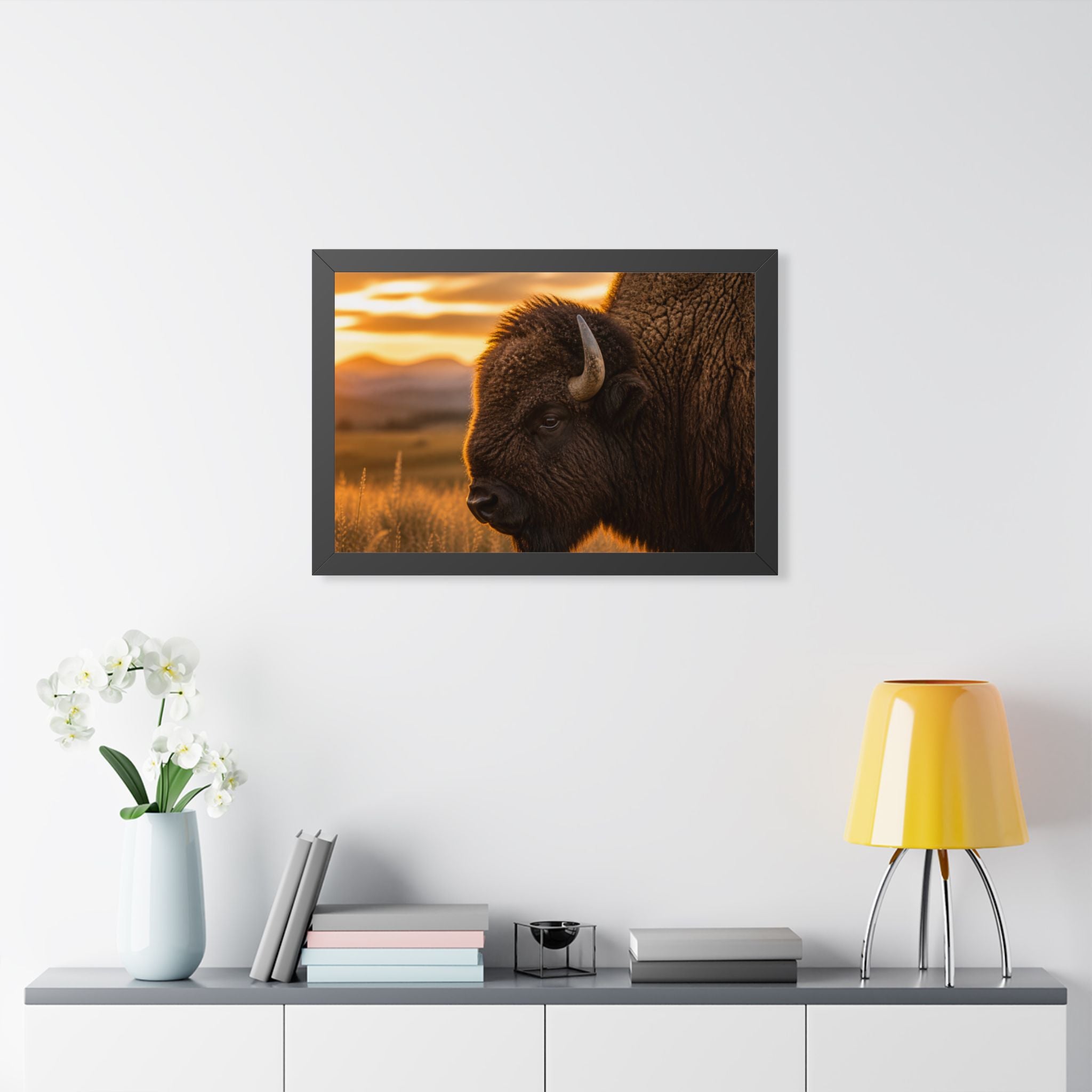 Black frame in office  - A majestic American bison stands watch over the prairie at sunset, capturing the strength, beauty, and timeless spirit of the American West.