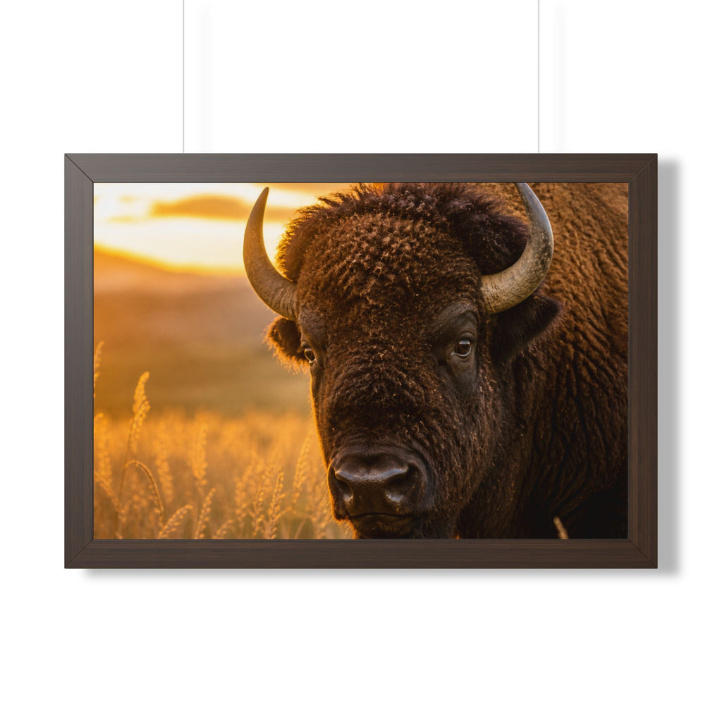 Brown Wall Hanging - A powerful portrait of an American bison standing proudly at sunset, symbolizing strength, resilience, and the enduring spirit of the prairie.