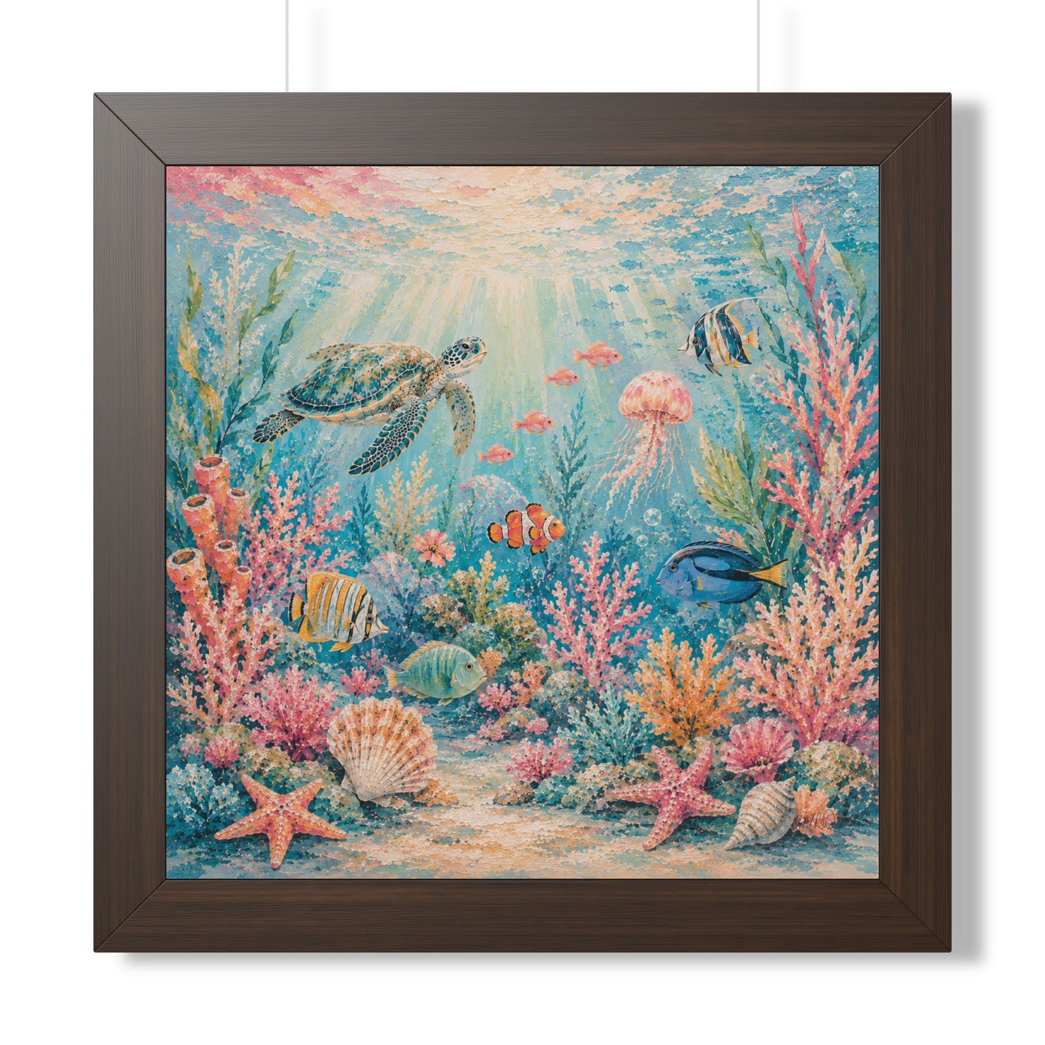 BROWN FRAME - A graceful sea turtle explores a colorful coral reef beneath sparkling ocean waters.
