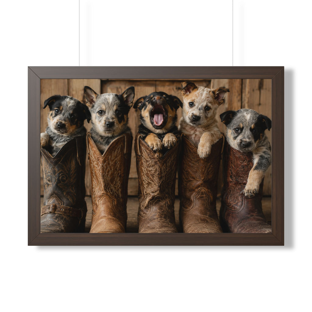 Brown Frame - Adorable puppies peeking from weathered cowboy boots create a heartwarming blend of Western charm, playful personalities, and rustic farmhouse style.