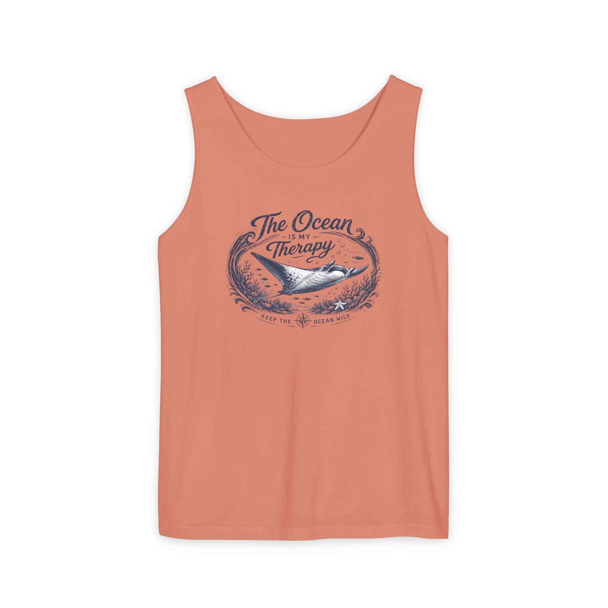 The Ocean Is My Therapy | Vintage Manta Ray Graphic Shirt | Keep the Ocean Wild - Unisex Garment-Dyed Tank Top