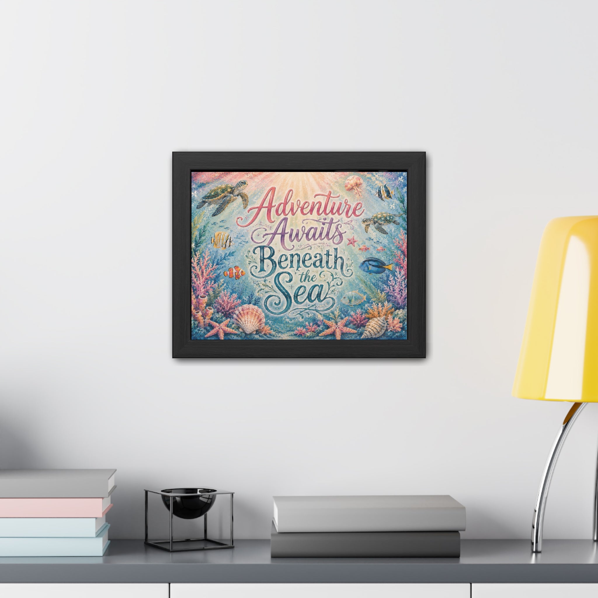 ENTRY WAY - Whimsical ocean typography artwork combines elegant lettering with playful underwater details. Sea turtles, tropical fish, coral gardens, shells, and gentle ocean light. 