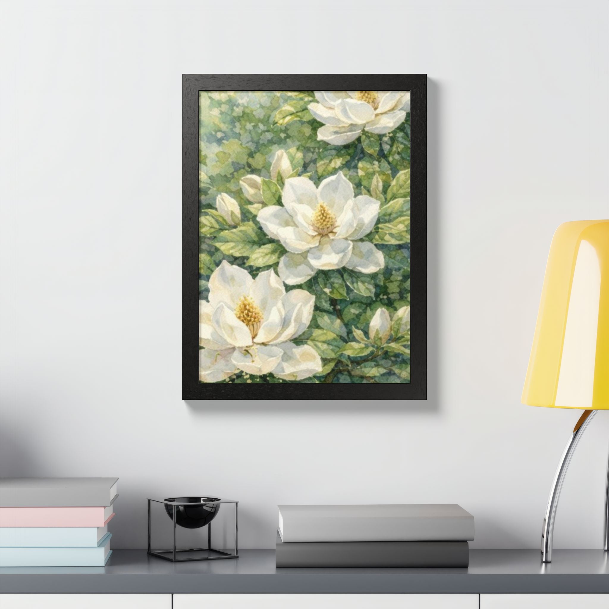 Magnolia Blossom Watercolor Framed Poster — Southern Botanical Wall Art