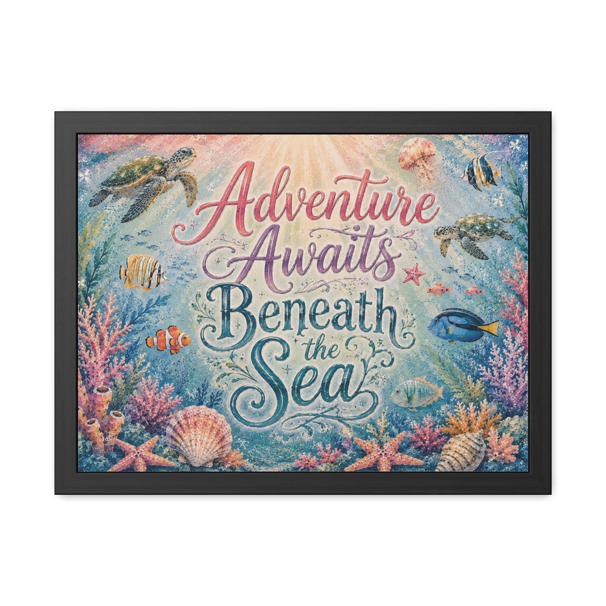 Whimsical ocean typography artwork combines elegant lettering with playful underwater details. Sea turtles, tropical fish, coral gardens, shells, and gentle ocean light. 