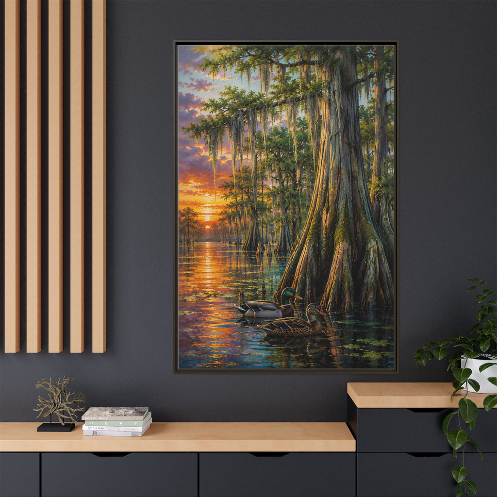 Dining Room - A serene Southern wetland painting featuring majestic cypress trees, glowing sunset reflections, and peaceful waters. Rich colors and timeless beauty make this signed artwork a stunning addition to traditional, coastal, farmhouse, and rustic interiors.