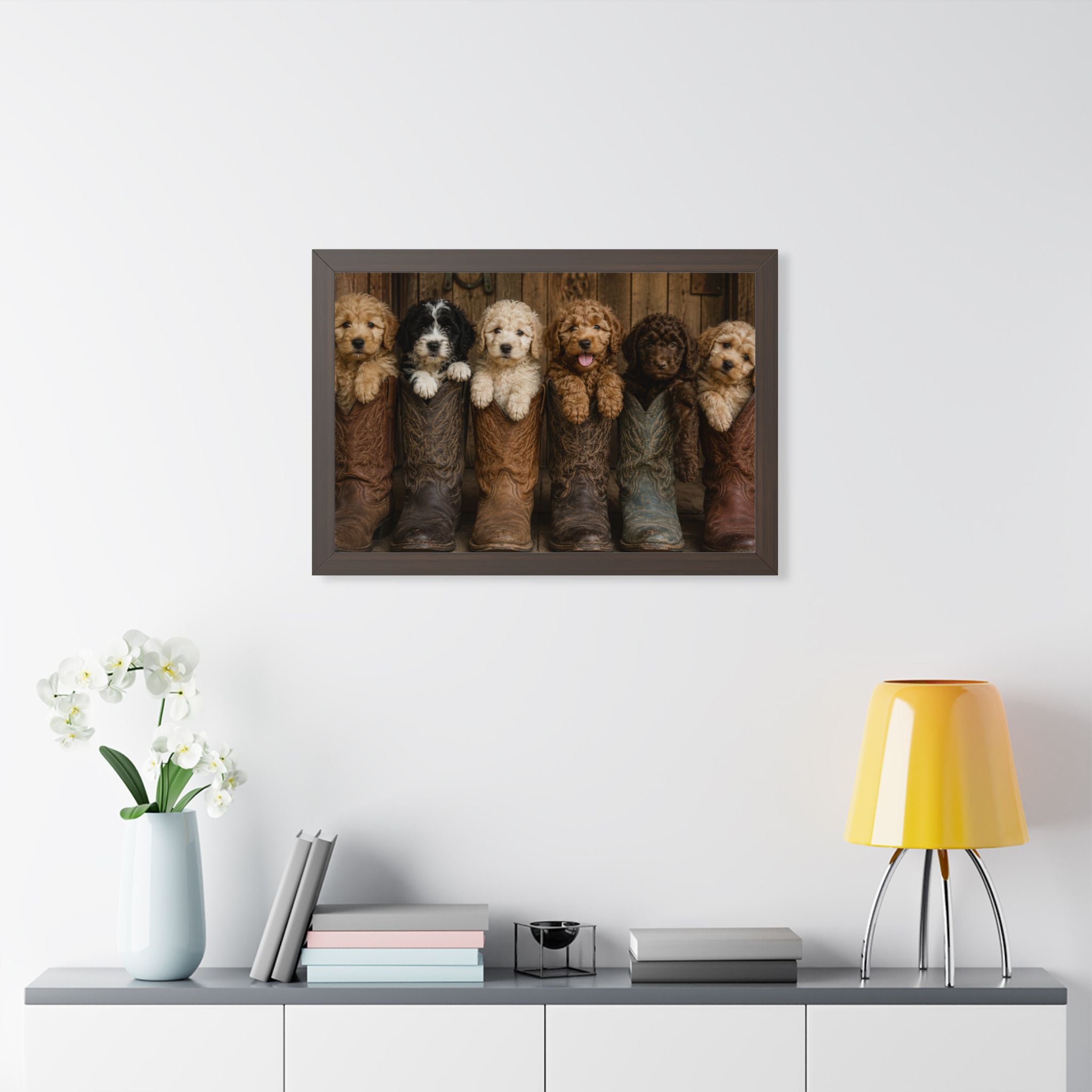 Brown Frame - Six adorable puppies nestled inside weathered cowboy boots create a heartwarming blend of Western charm, playful personalities, and rustic farmhouse style.