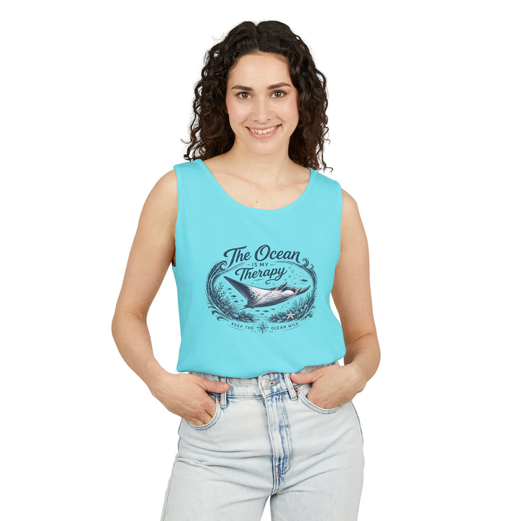The Ocean Is My Therapy | Vintage Manta Ray Graphic Shirt | Keep the Ocean Wild - Unisex Garment-Dyed Tank Top