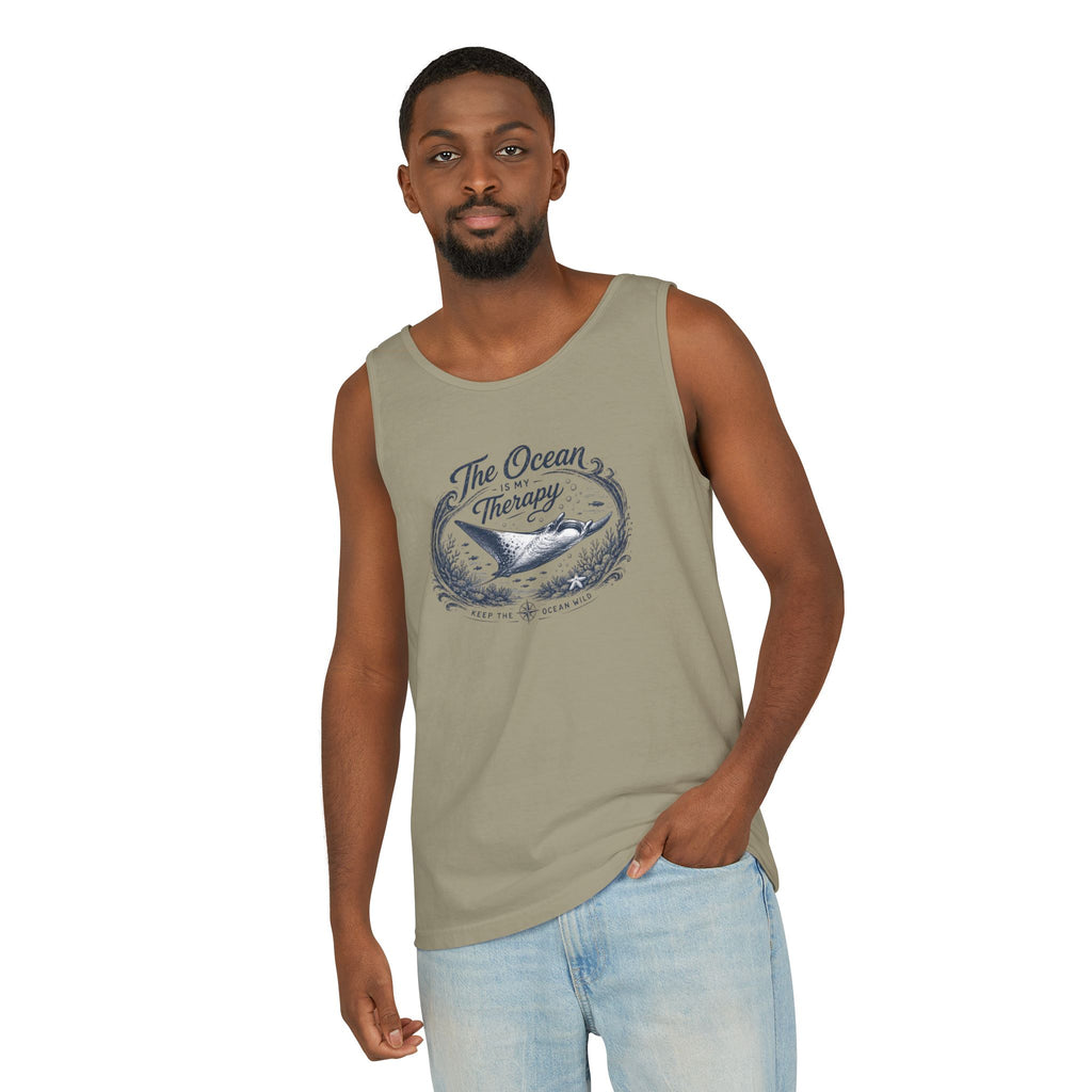 The Ocean Is My Therapy | Vintage Manta Ray Graphic Shirt | Keep the Ocean Wild - Unisex Garment-Dyed Tank Top