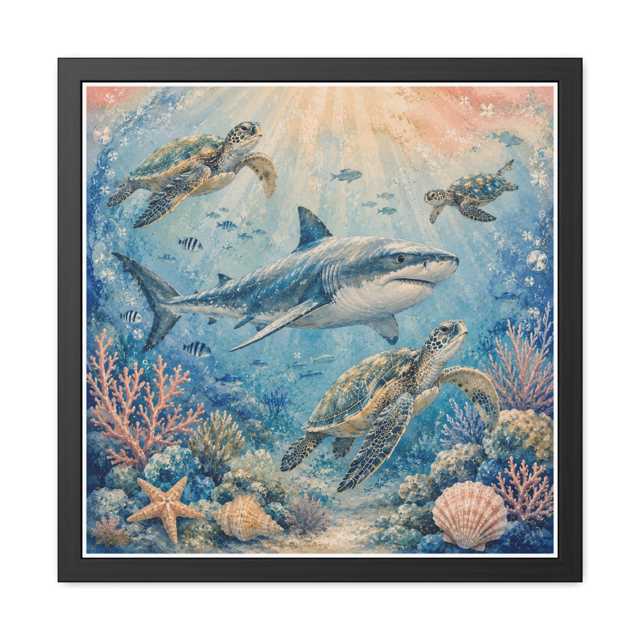 Sea turtles and a graceful shark swim through a peaceful underwater world.