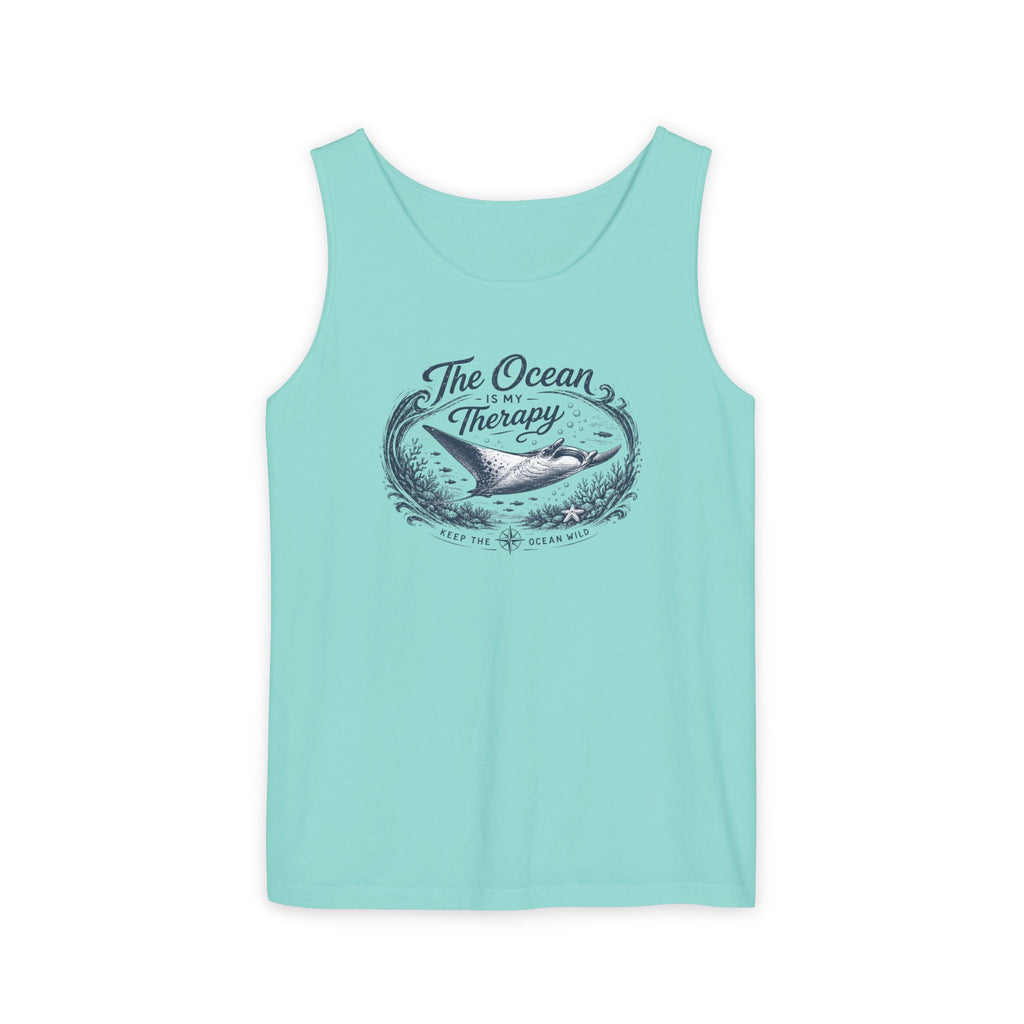The Ocean Is My Therapy | Vintage Manta Ray Graphic Shirt | Keep the Ocean Wild - Unisex Garment-Dyed Tank Top