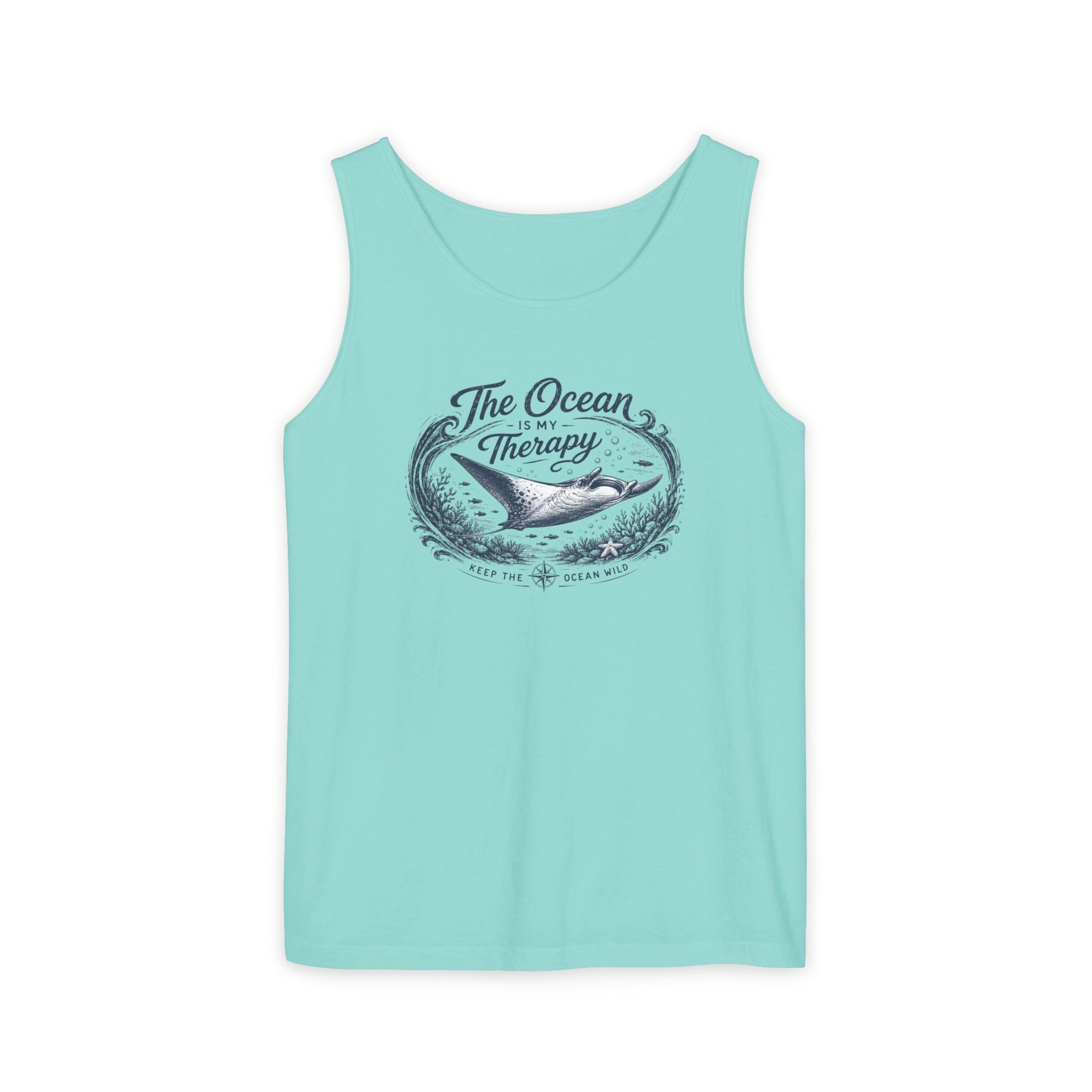 The Ocean Is My Therapy | Vintage Manta Ray Graphic Shirt | Keep the Ocean Wild - Unisex Garment-Dyed Tank Top