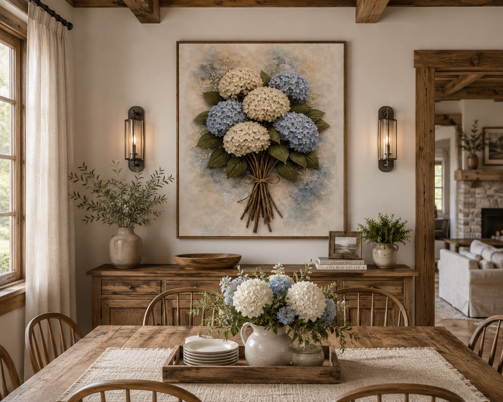 Dining Room Setting - Bouquet of blue and white hydrangeas with green leaves on a textured beige background