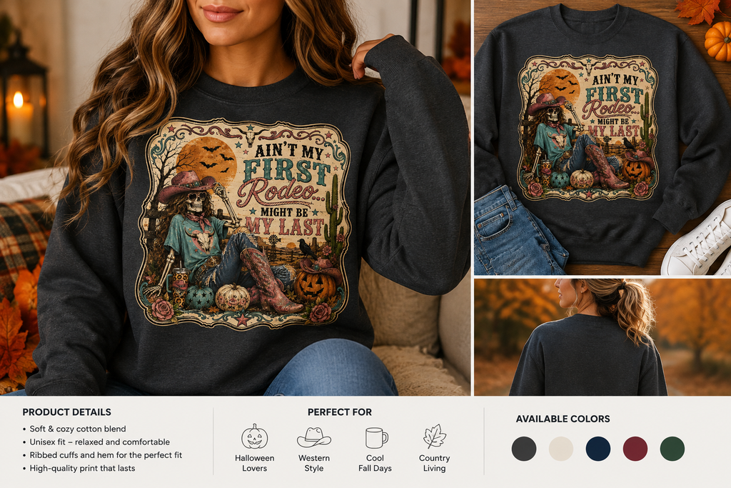 Sweatshirt — 'Ain't My First Rodeo' Vintage Pumpkin Cowboy Fall Crewneck