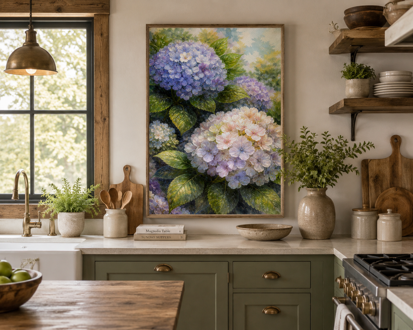 Kitchen Painting - Close-up of hydrangea flowers with green leaves
