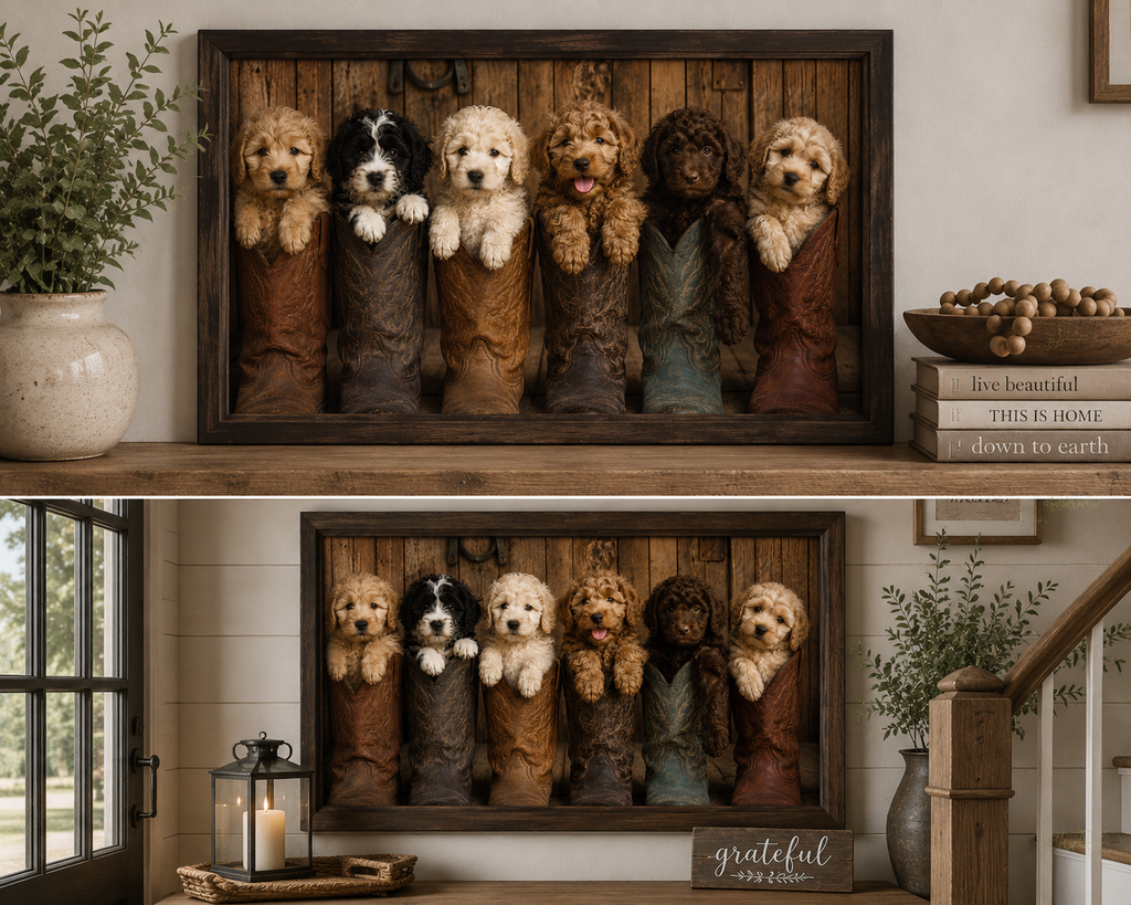 Entryway - Six adorable puppies nestled inside weathered cowboy boots create a heartwarming blend of Western charm, playful personalities, and rustic farmhouse style.