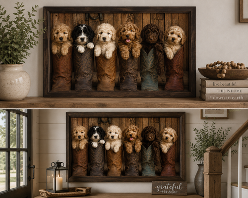 Entryway - Six adorable puppies nestled inside weathered cowboy boots create a heartwarming blend of Western charm, playful personalities, and rustic farmhouse style.