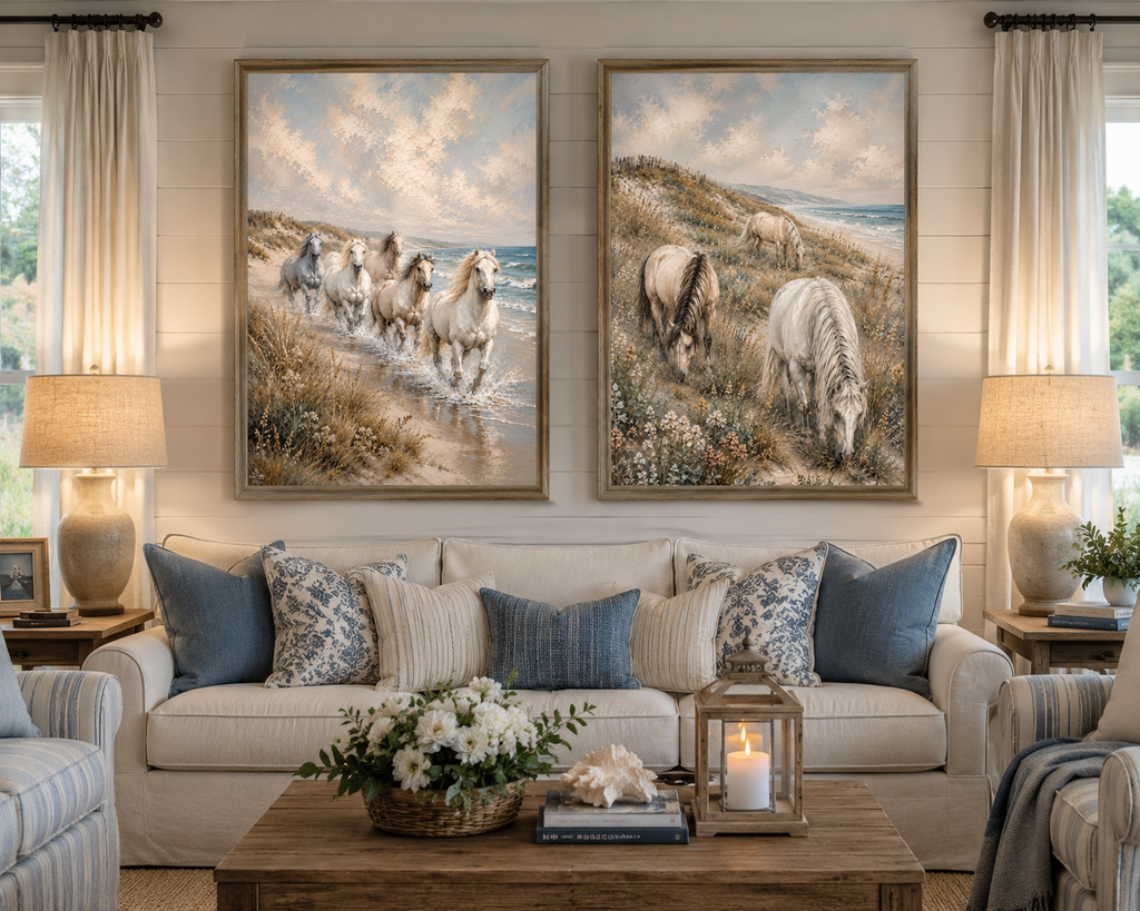 Living Room Setting.  Three graceful horses graze among coastal dunes overlooking the sea in this serene equestrian artwork featuring soft neutral tones, textured details, and timeless seaside beauty.