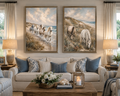 Living Room Setting.  Three graceful horses graze among coastal dunes overlooking the sea in this serene equestrian artwork featuring soft neutral tones, textured details, and timeless seaside beauty.