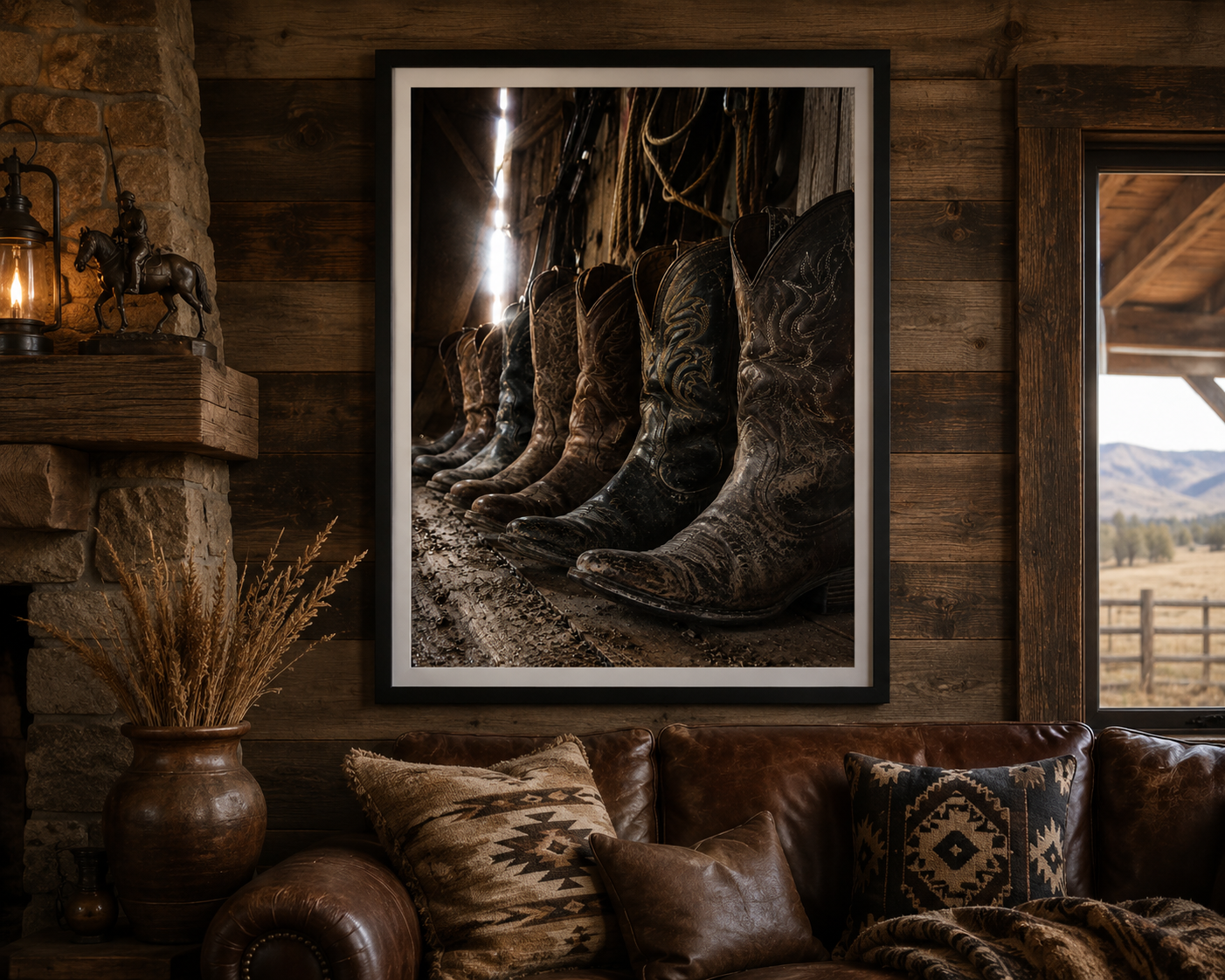 Rustic Home Weathered cowboy boots line the floor of an old barn, capturing the rugged beauty, heritage, and timeless spirit of Western ranch life.