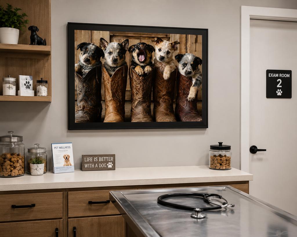 Veterinarian Exam Room / Office - Adorable puppies peeking from weathered cowboy boots create a heartwarming blend of Western charm, playful personalities, and rustic farmhouse style.